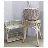 White Wicker Hanging Planter, Stool & Shelf