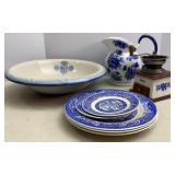 Stoneware Basin, Coffee Grinder, Blue Willow