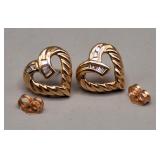 10KP Heart w/Diamonds Pierced Earrings