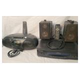 JVC Boom Box, VCR, Teac speakers, remotes