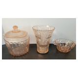 Depression Glass cracker jar, vase, dish