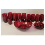 Red glass bowl, leaf dish, glasses
