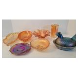 Carnival glass dishes, hen on the nest