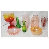 Colorful vases, Fire King bowl,