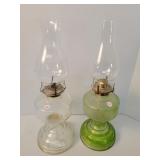 Oil lamps (2), clear & green bases