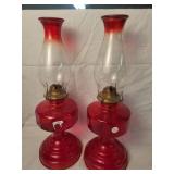 Oil Lamp (2),  red base & chimney accent