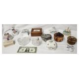 Trinket boxes, wood, crystal, porcelain