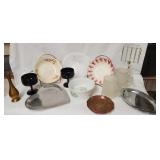 Serving bowls, metal trays, drinking glasses