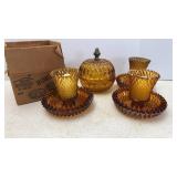Homco Amber Glass Candle Holders & Covered Dish