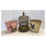 Antique Bird Cage & Metal Trash Cans