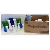 Box of Milk Glass & Other Colored Flower Vases