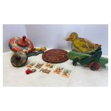 Antique Wood Pull Behind Toys, Press Metal Tops