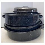 Four Large Granite Enamel Roasters w/lids