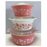 Vtg Pyrex Pink Gooseberry Covered Nested Casserole