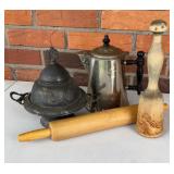 Silver Plate Dish, Rolling Pin & Masher