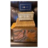 Carved wooden box, small suitcase and jewelry