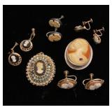 Cameo earrings, pendant and pin