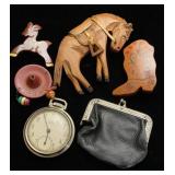 Carved wooden pins, Wesclox pocket watch