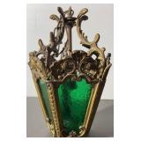VTG Brass & Green Glass Shade Light Fixture