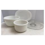 Milk glass mixer bowls & platter