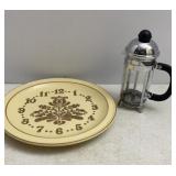 Pfaltzgraff clock plate and French press