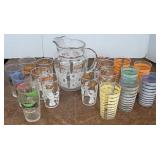 Painted glass pitcher and tumblers