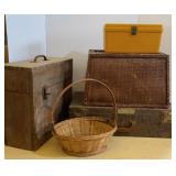 Antique Travel Case, Baskets & Saw Box