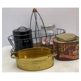Wire Basket, Tins, Glass Canister