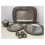 Longaberger Pewter Plates, Platter, Napkin Rings