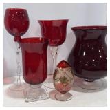 Large Painted Red Glass Vases & Candle Holders