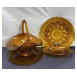 Amber Glass Basket, Egg Plate & Bowl