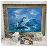 Dolphin Framed Water Color Art 29x23