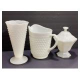 Milk Glass Vase, Pitcher (cracked) & Covered