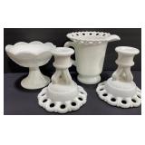 Milk Glass Candlestick Holders & Pitcher