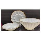 Vtg Gold Rim Milkglass Bowls & Egg Plate