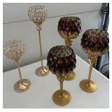 2 metal candle holders, 3 glass candle holders