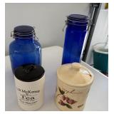 Assorted cannisters, cobalt bottles