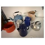 Metal coffee pots, tea kettles, some without lids