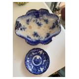 Flow blue saucer & serving dishing,