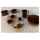 Stoneware pitchers, bowl & teapot,