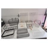 Assorted plastic containers, wire baskets