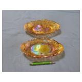 2 amber carnival glass trays