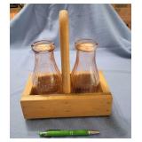 2 pink Liberty Milk Co. Bottles: in wood carrier