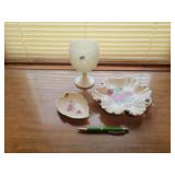 Milk glass compote & 2 dishes