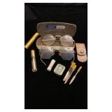 Gold filled glasses, mini manicure set, pill box
