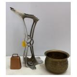 Chrome Shoe Shine Foot Rest, Brass Spittoon & Cow