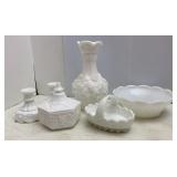 Milk Glass Vase, Candle Holders, Bowls & Jewelry