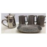 Pewter Mugs, Change Tray & Stainless Creamer
