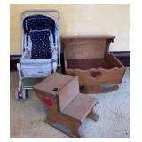 Doll Size Wooden Cradle, School Desk & Stroller