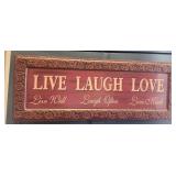 Live Laugh Love metal sign, wood frame